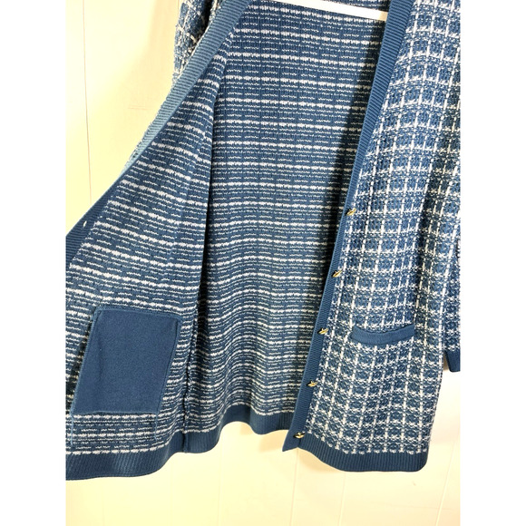 Talbots Pure Merino Wool V Neck Cardigan Sweater Size XLP Textured Plaid Blue - Picture 10 of 13
